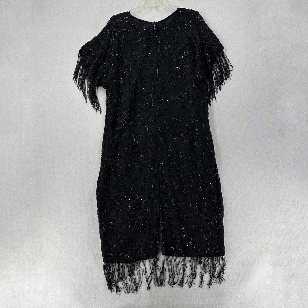 Silk Evening Dress Fully Beaded Tassle Short Sleeve Flapper Womens Large Black - Picture 2 of 8